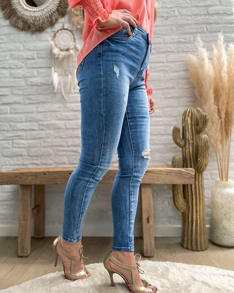 High waist destroyed washed off skinny jeans mid blue QH
